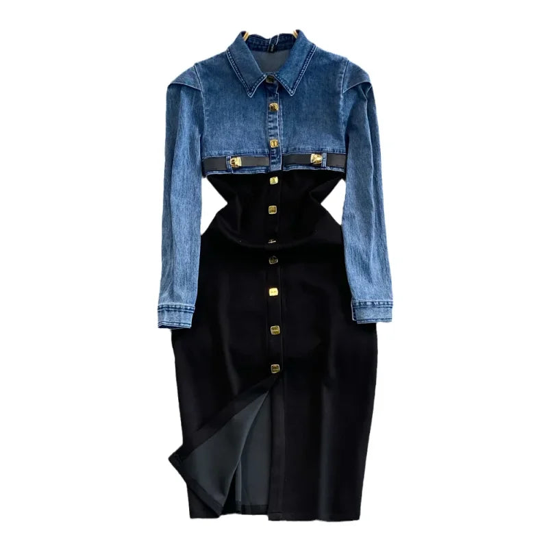 Women's Denim Patchwork Dresses Single Breasted Slim Single Breasted Wrapped Hip Dress Vestidos Fashion Spring Autumn Dress 3573