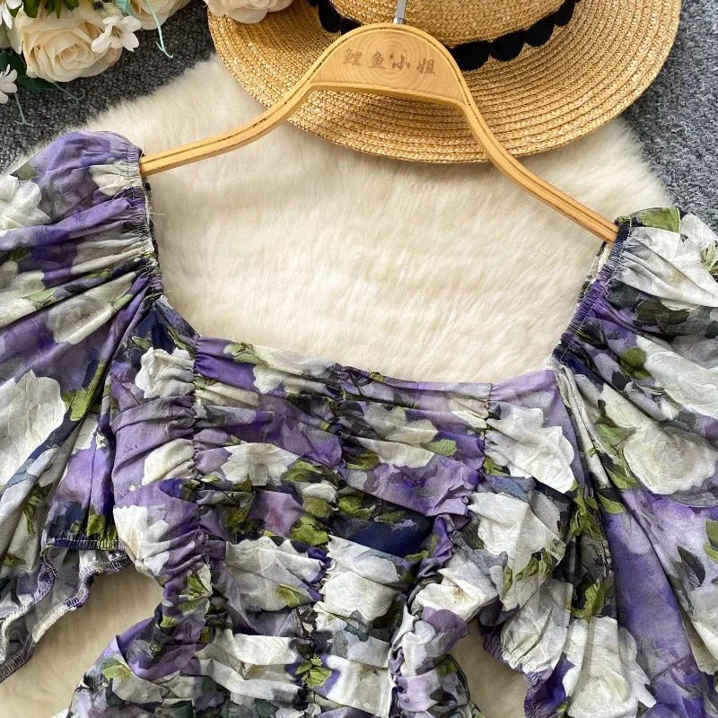 Blouses Fashion French Style Square Neck Bubble Sleeve Shirt Women Summer 2025 Pleated Waist Slim Fit Floral Top