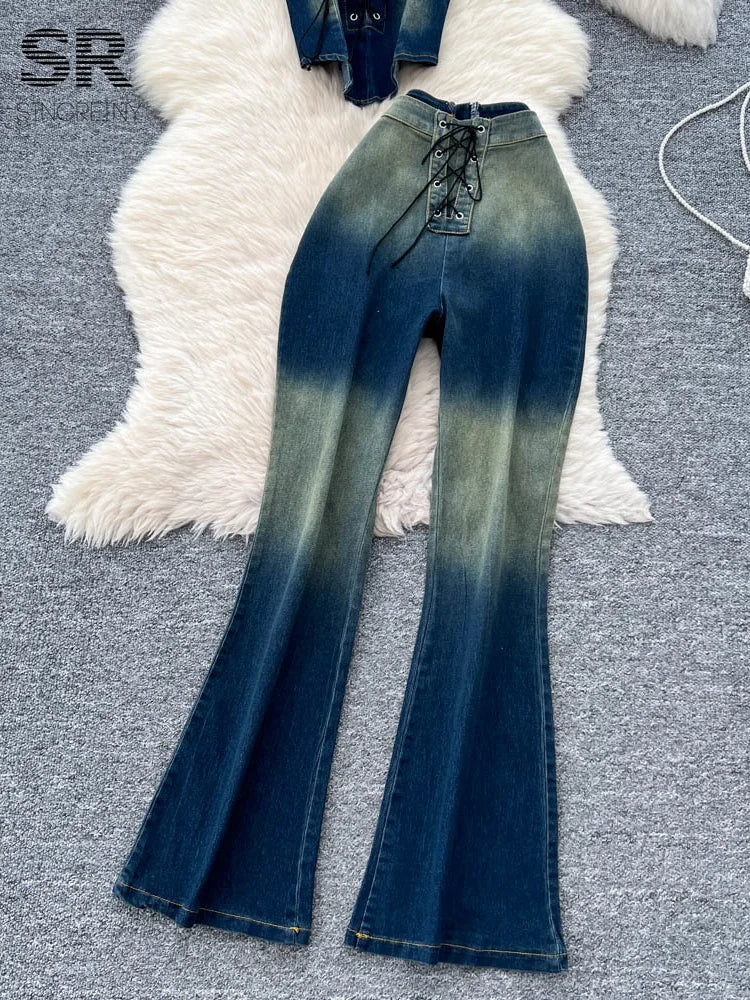 SINGREINY Women Retro Denim 2pcs Sets Halter Sleeveless Tops+Skinny Lace Up Design Jeans Female Gradient Streetwear Chic Outfits
