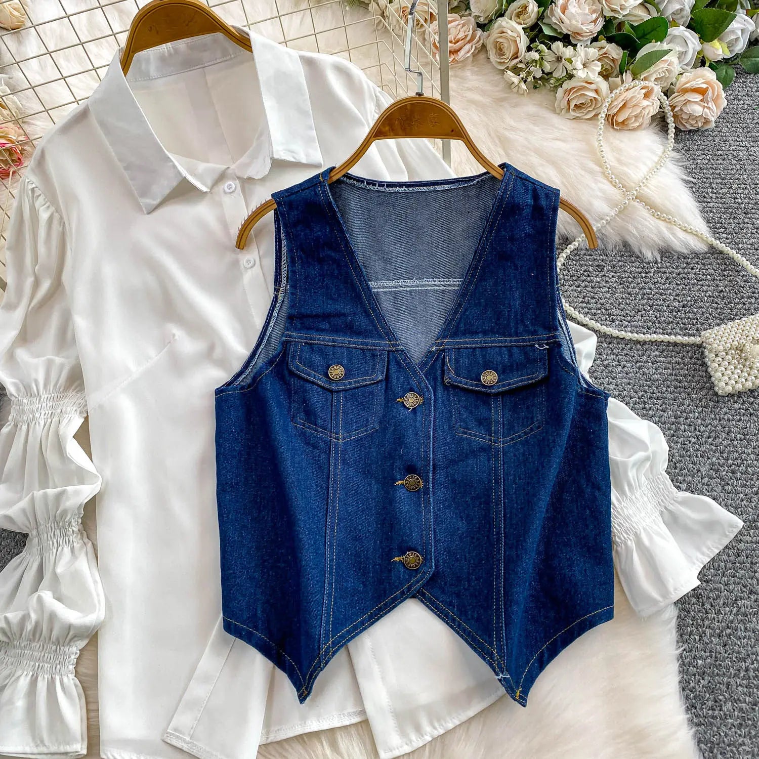 SuperAen Korean Style Office Lady Loose Lantern Sleeve Shirt Single-breasted V-neck Vest Denim Jacket Two-piece Sets
