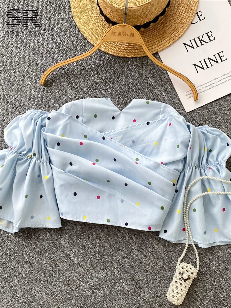 SINGREINY Hotsweet Strapless Chic Crop Tops 2025 Summer Flare Sleeves Ruched Shirts Fashion Slim Off Shoulder Polka Dot Blouses