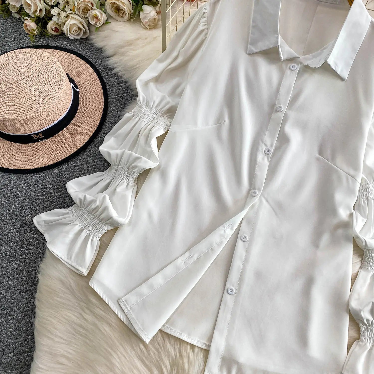 SuperAen Korean Style Office Lady Loose Lantern Sleeve Shirt Single-breasted V-neck Vest Denim Jacket Two-piece Sets