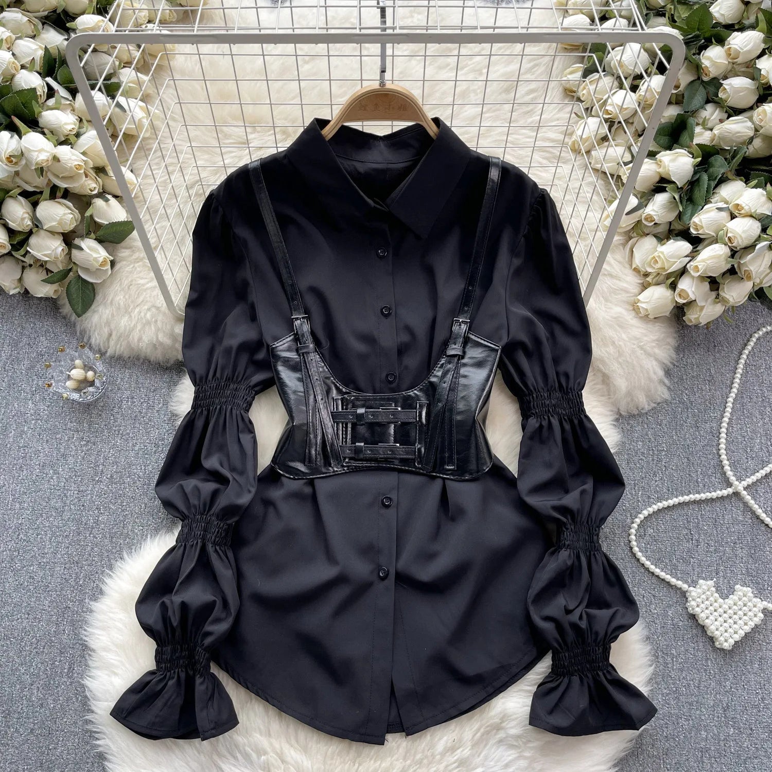 EINY Elegant T-Shirts for Women Turn-Down Collar Lapel Long Lantern Sleeve Skinny Top PU Leather Straps Waistband Stacked 2PCS