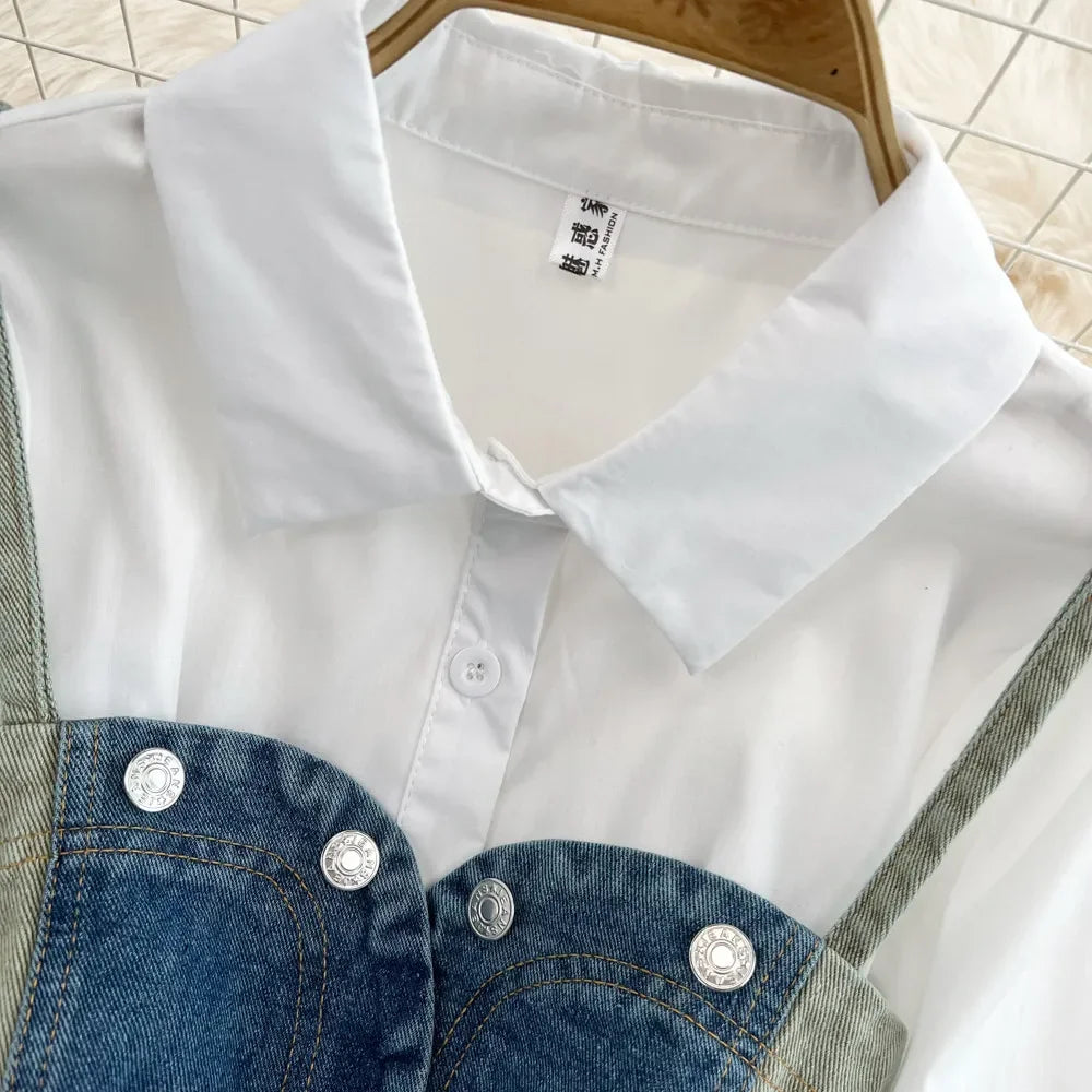 Two-piece Set White Shirt + Denim Vest Autumn 2024 Retro Long Sleeved Single Breasted Shirt Dress