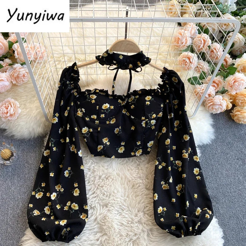 SINGREINY Women Boho Floral Blouse Korean Retro Square-Collar Puff Sleeve Slim Tops Spring Sexy Streetwear Print Short Blouses