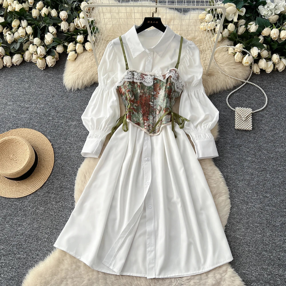 Retro Bubble Sve irt Dr Women's Spring White Collar Waist Cinched A-Line Skirt Two-Piece Set High Waist Polyester Fiber