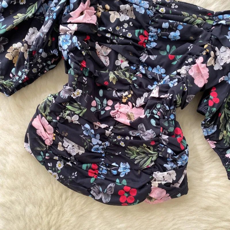 Blouses Fashion French Style Square Neck Bubble Sleeve Shirt Women Summer 2025 Pleated Waist Slim Fit Floral Top