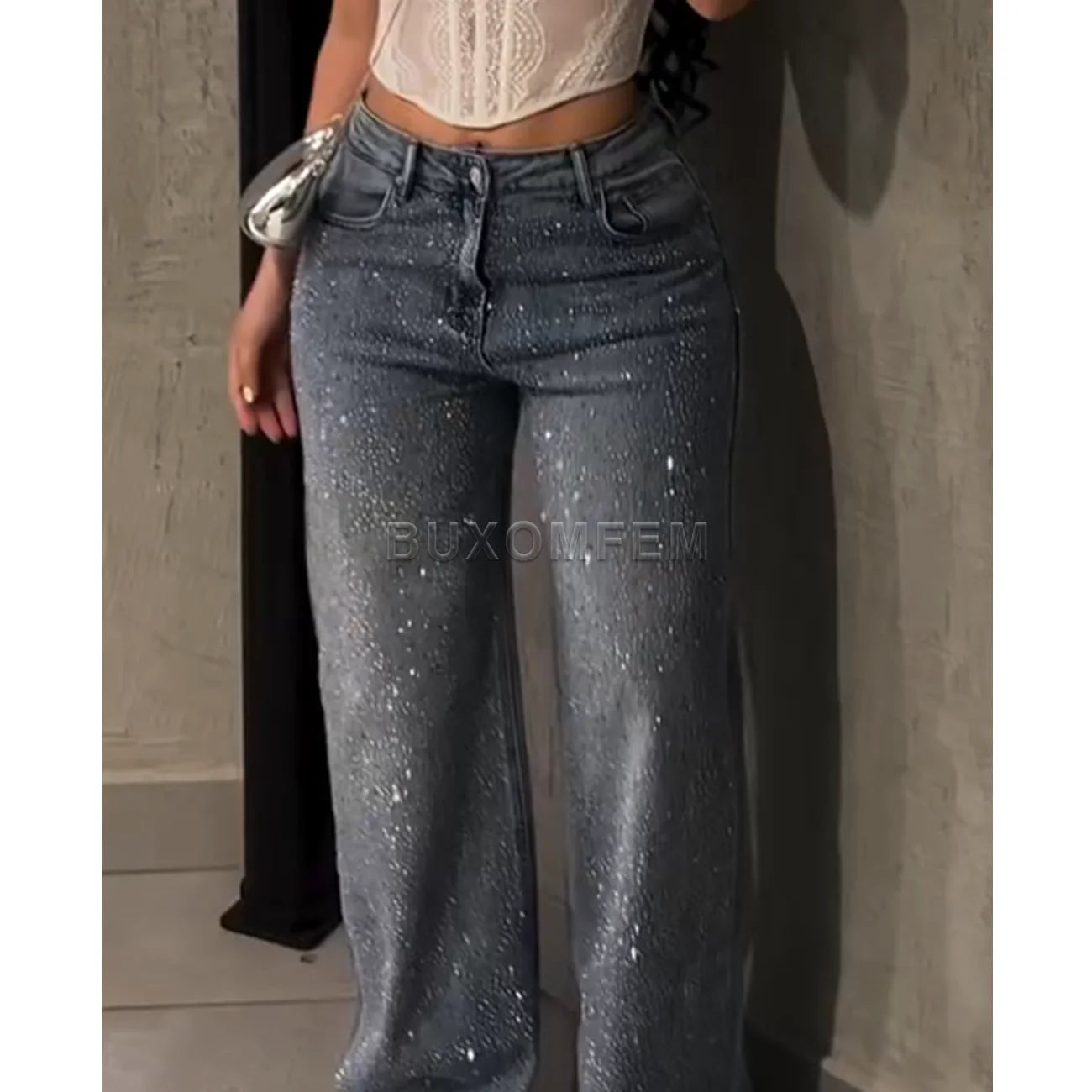 Ladies Stylish Baggy Pants Y2k Streetwear Women's Drilled Straight Leg Jeans Outfit Wide Leg Pants Loose Jeans Ladies Bottoms