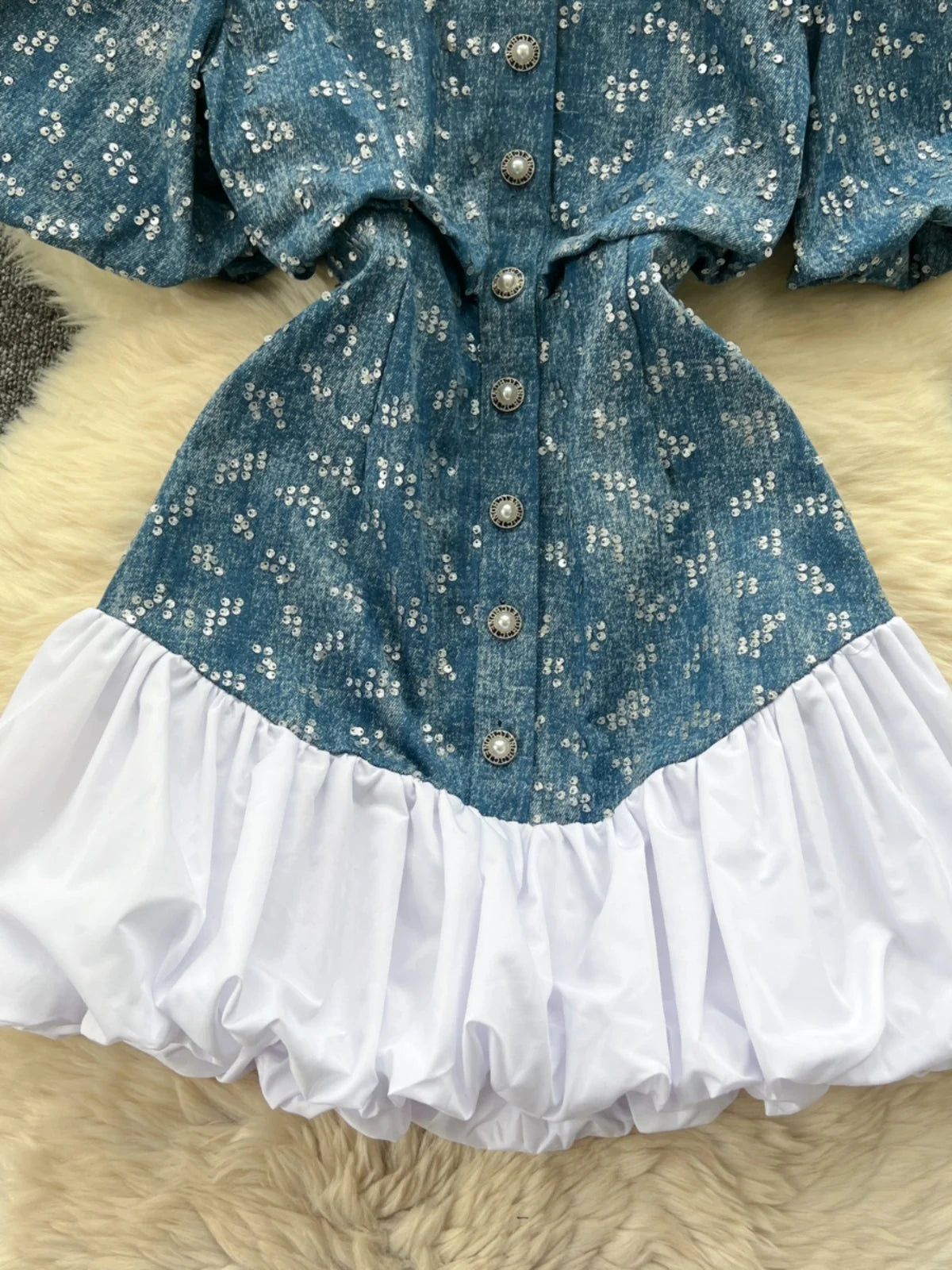 Elegant Hollow Out Sequins Jeans Dresses Shirt Women Patchwork Ball Gown Single Breasted Pearl Blue White Short Evening Dress