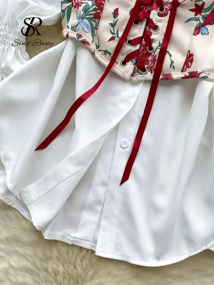 Korean Style Vintage Shirt Sets Women Lapel Puff Sleeves Loose Top+Lace Up Print Camis Fashion Vacation Retro Blouse