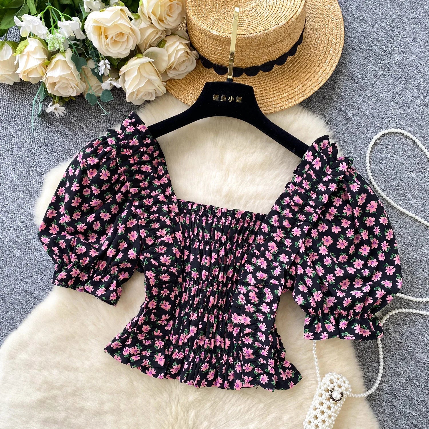 Romantic Aosphere Bubble Sve ort Design Women's irt Vintage Street Sle Polyester Fiber Korean Version Casual irt