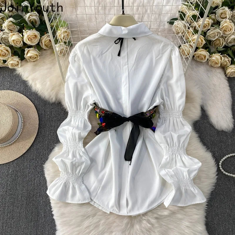 2 Piece Sets 2026 Women's Clothing Heavy Sequin Sking Vest Lantern Sleeve White Blouses Outfits Roupas Femme Chic Korean Suit