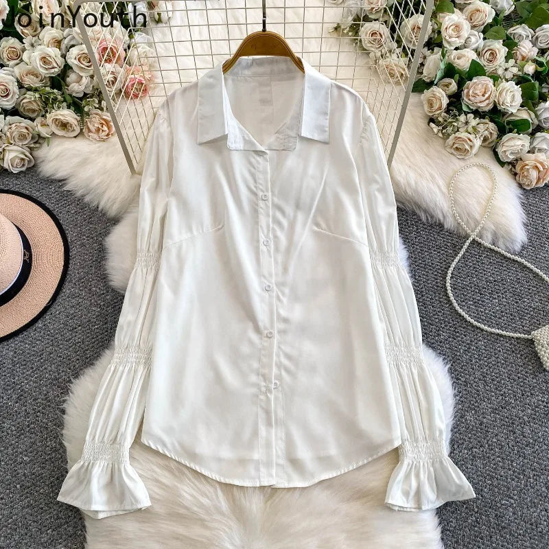 2 Piece Sets Women's Clothing 2025 Lantern Sleeve White Shirts Slim Fit Single-breasted Denim Vest Coat Suit Chic Casual Outfits