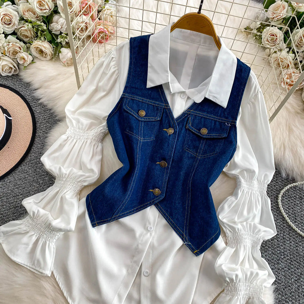 SuperAen Korean Style Office Lady Loose Lantern Sleeve Shirt Single-breasted V-neck Vest Denim Jacket Two-piece Sets