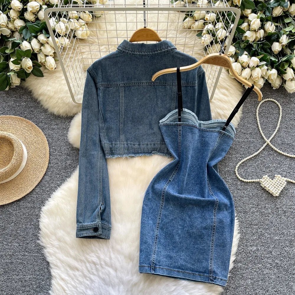 Chic denim two-piece set, including a slim-fit short cardigan and a simple casual office lady vintage suit dress.