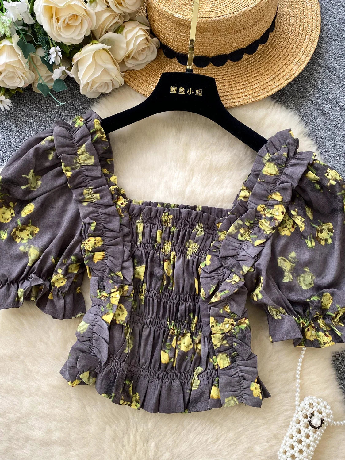 Romantic Aosphere Bubble Sve ort Design Women's irt Vintage Street Sle Polyester Fiber Korean Version Casual irt