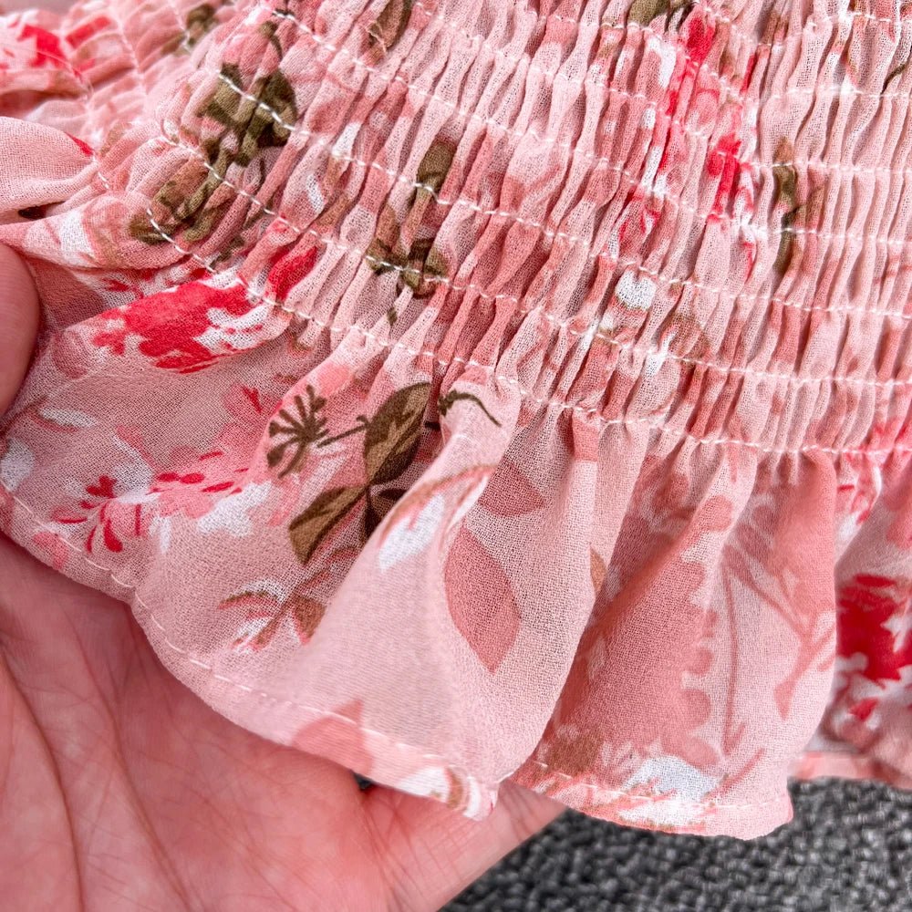 Women Spring Korean Version of The Retro Square Neck Puff Sleeve Lotus Leaf Floral Chiffon Short Blouse Tops Female D0749