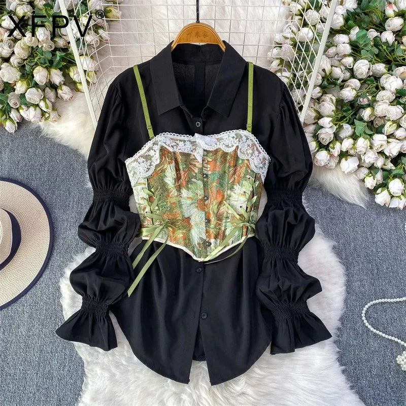 XFPV Elegant 2 Pieces Set Lace Splicing Waist-cinching Slim Jacquard Camisole + Versatile Lantern Sleeve Shirt 2026 Spring New