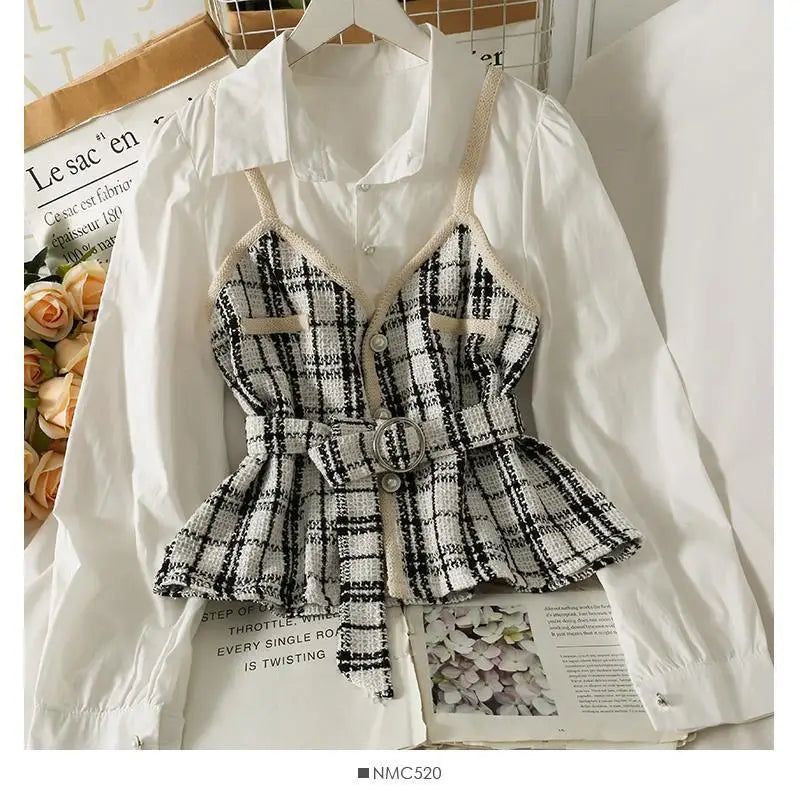 Retro Korean Style Patchwork Wide Stripe Woolen Fabric Fake Two-Piece Long Sleeve Shirt High Waist Belted Slim Fit Polo Collar