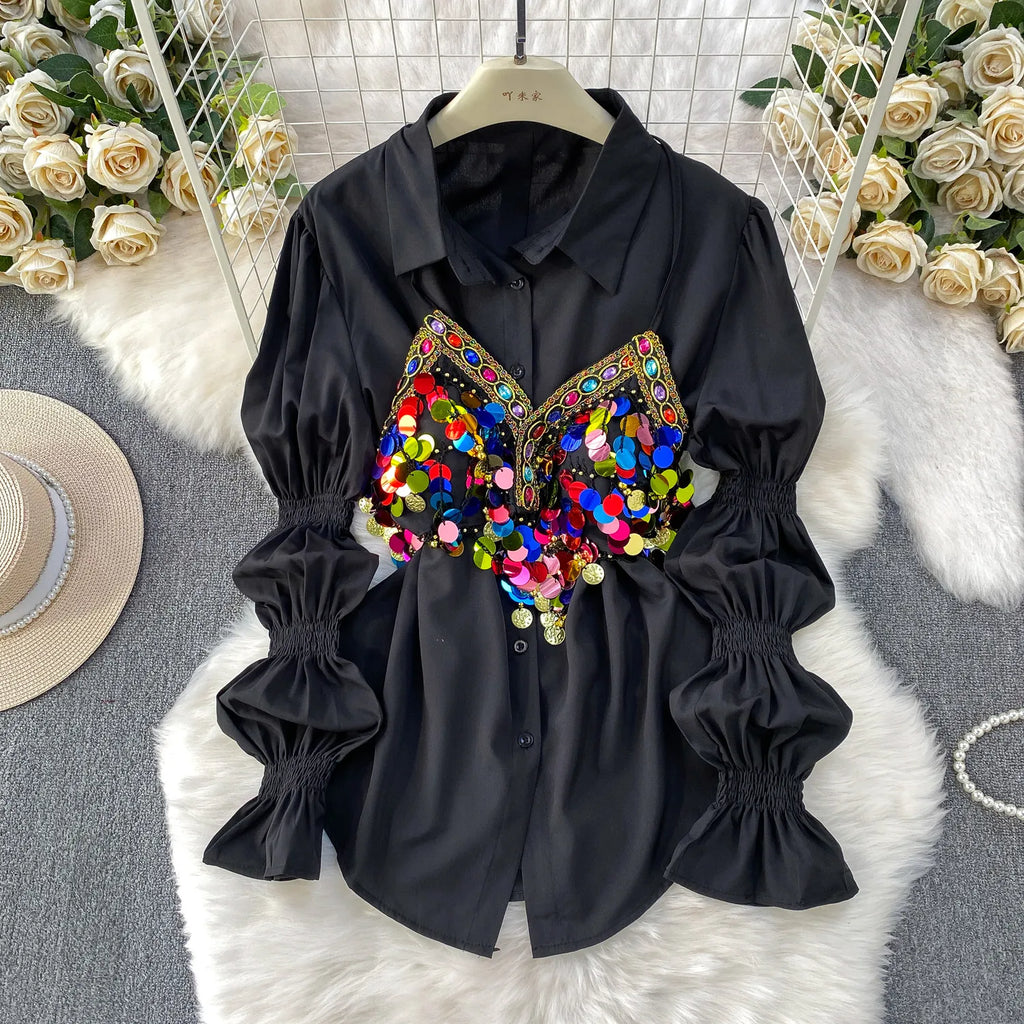 2 Piece Sets 2026 Women's Clothing Heavy Sequin Sking Vest Lantern Sleeve White Blouses Outfits Roupas Femme Chic Korean Suit