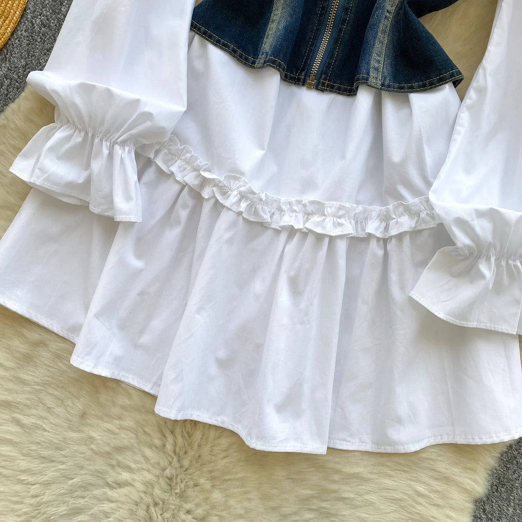 Spring Autumn Commute Sle Women's Faion Slimming Two-Piece Set High Waist Denim Belted Top Bot Ensemble Office Ready