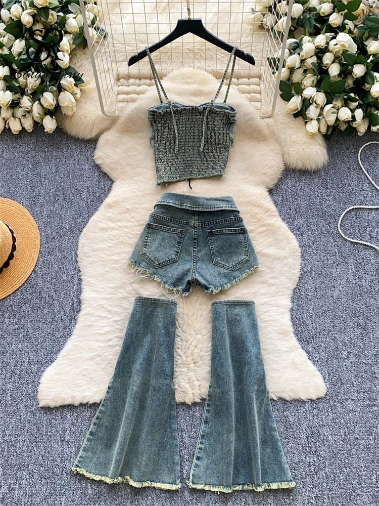 Denim Edgy Three-Piece Sets: Stretchy Curve Sexy Tops, Raw Hem Shorts, and Strap Leg Warmer. Fashion High Quality Summer Sets.