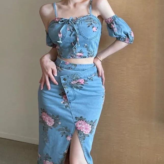 Women 2 Piece Set Denim Fashion Female Hot Girl Chic Sexy Sling Top High Waist Irregular Split Skirt Summer Lady Suit