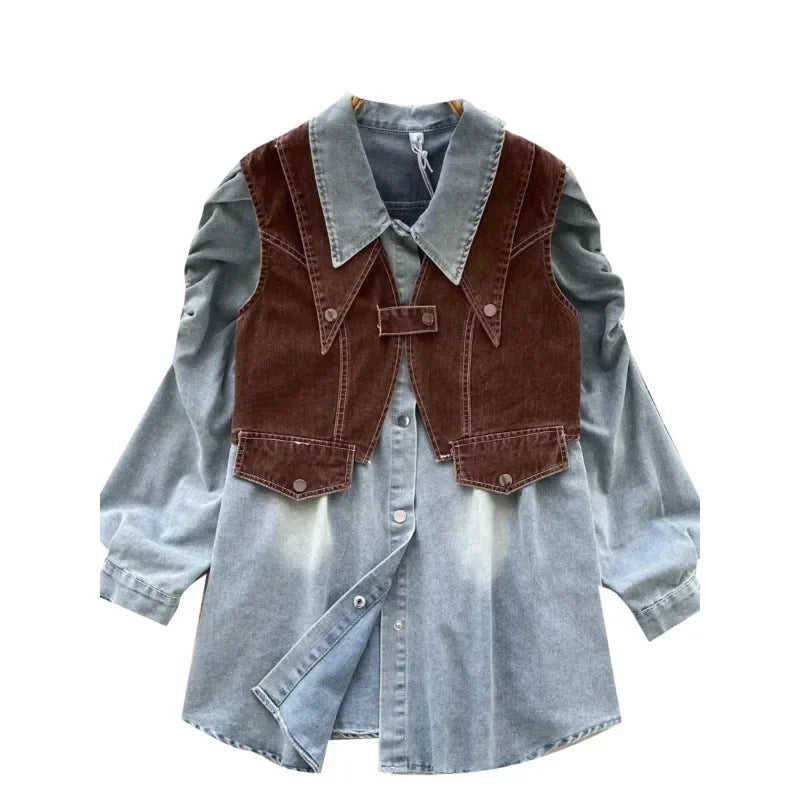 Denim Two Piece Sets Women's Clothing Gentle Suit Layered Outfit Buckle Vest Korean Fashionable Bubble Sleeve Shirts Wholesale