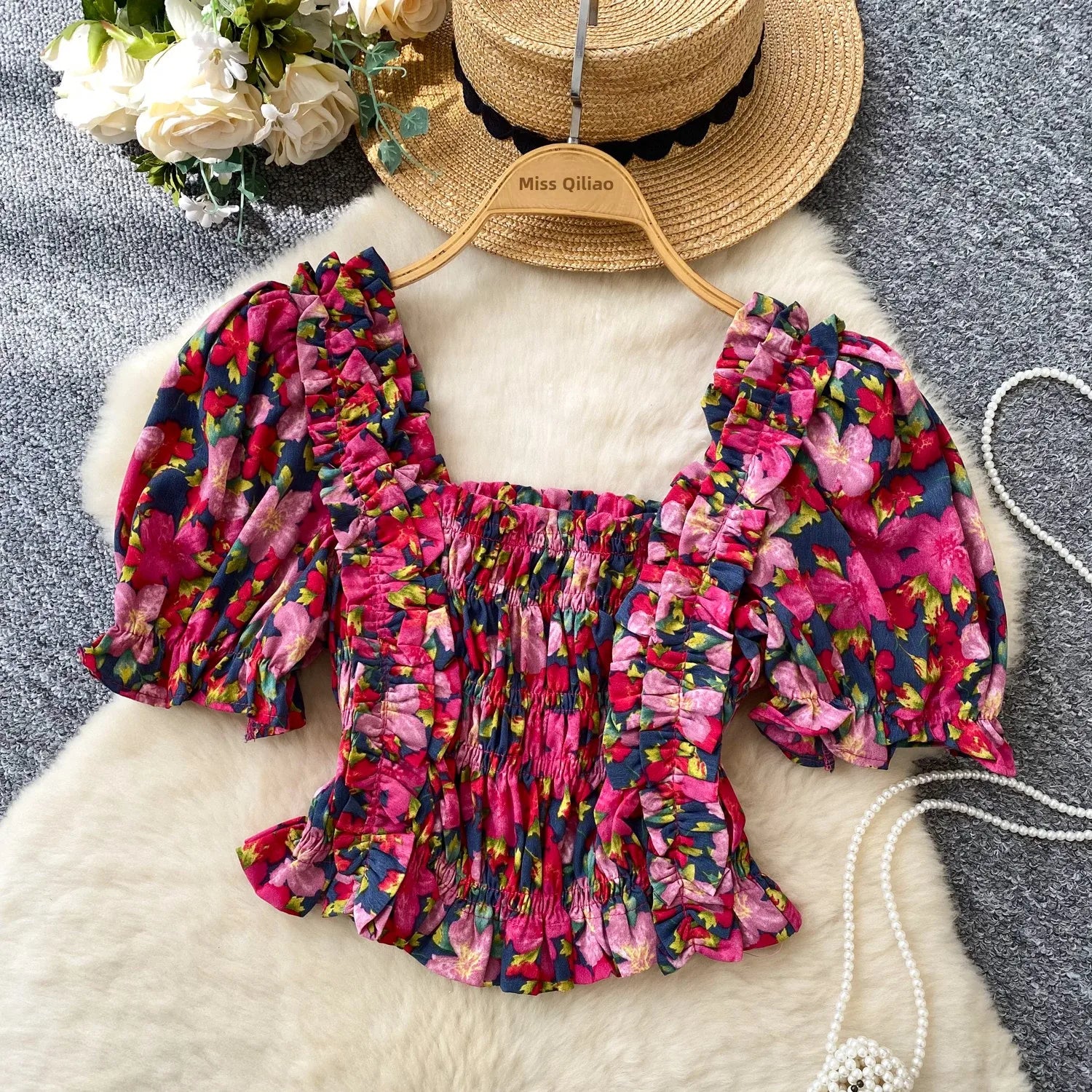 Romantic Aosphere Bubble Sve ort Design Women's irt Vintage Street Sle Polyester Fiber Korean Version Casual irt