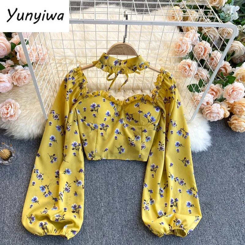 SINGREINY Women Boho Floral Blouse Korean Retro Square-Collar Puff Sleeve Slim Tops Spring Sexy Streetwear Print Short Blouses