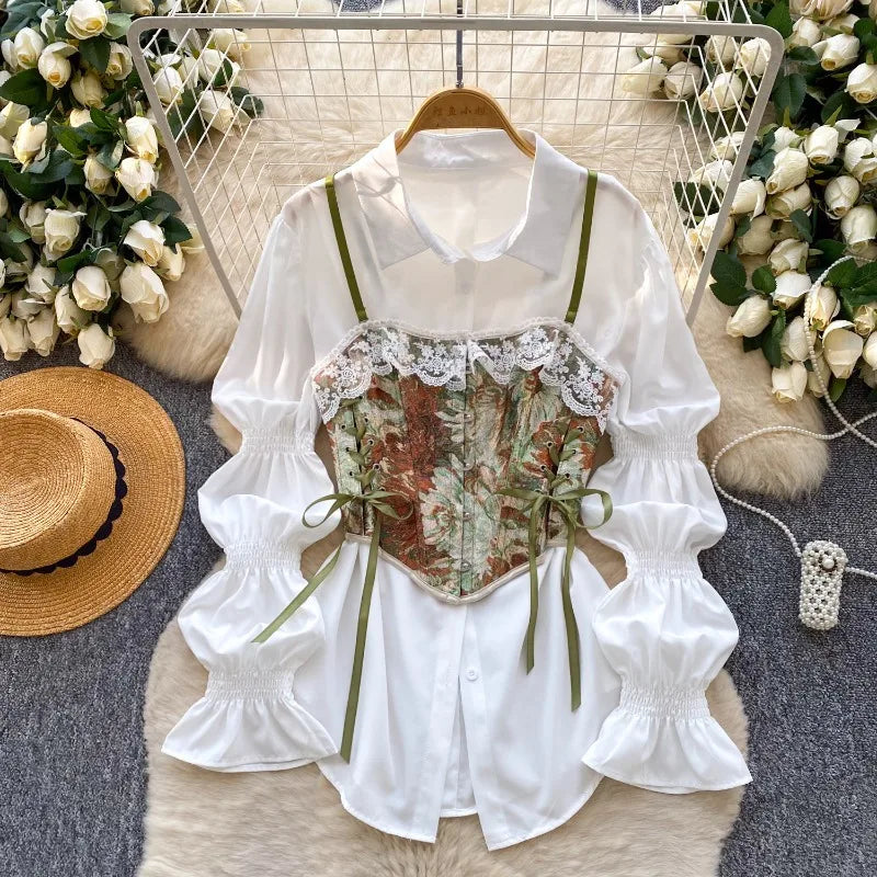 Matakawa 2 Pieces Women Shirts&blouses Print Floral Bandage Vintage Blusas Mujer Spring Autumn Korean Fashion Camisas