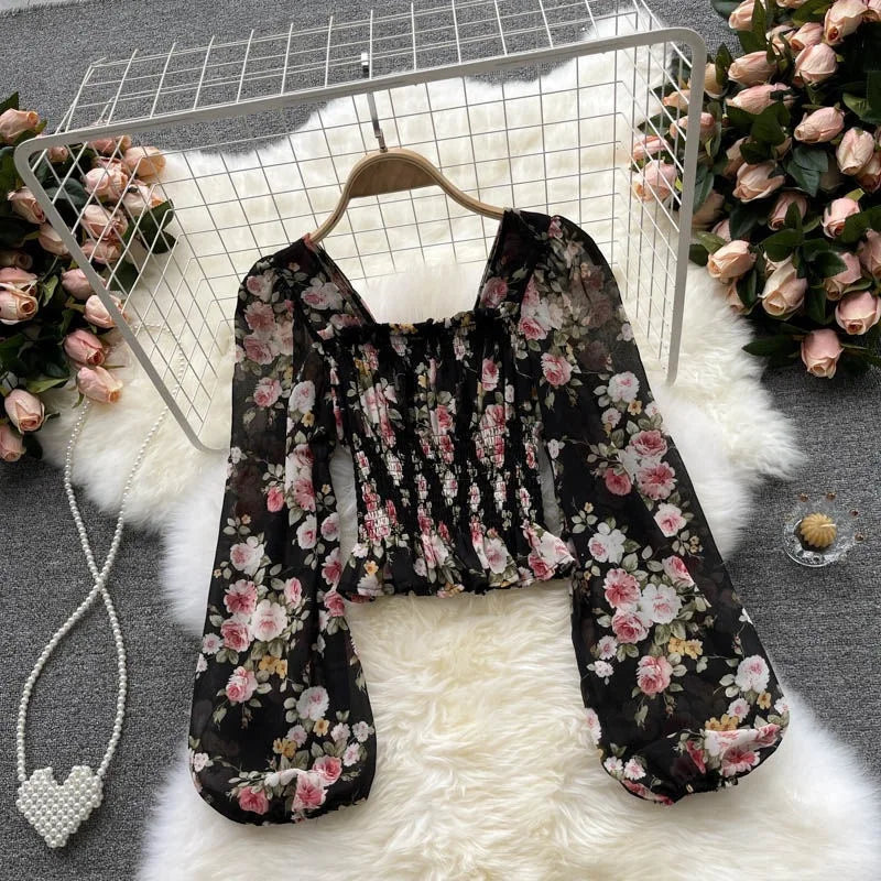 French Sweet Floral Print Chiffon Top Early Autumn 2025 New Women Slimming Bubble Lantern Sleeve Short Style Women's Blouse