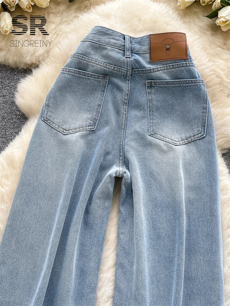 SINGREINY Ethnic Style Retro Jeans Ladies Zipper Embroidery Hollow Out Long Trousers 2025 Autumn Vacation Casual Wide Leg Pants