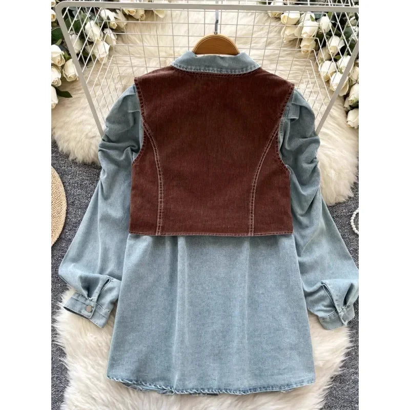 Denim Two Piece Sets Women's Clothing Gentle Suit Layered Outfit Buckle Vest Korean Fashionable Bubble Sleeve Shirts Wholesale