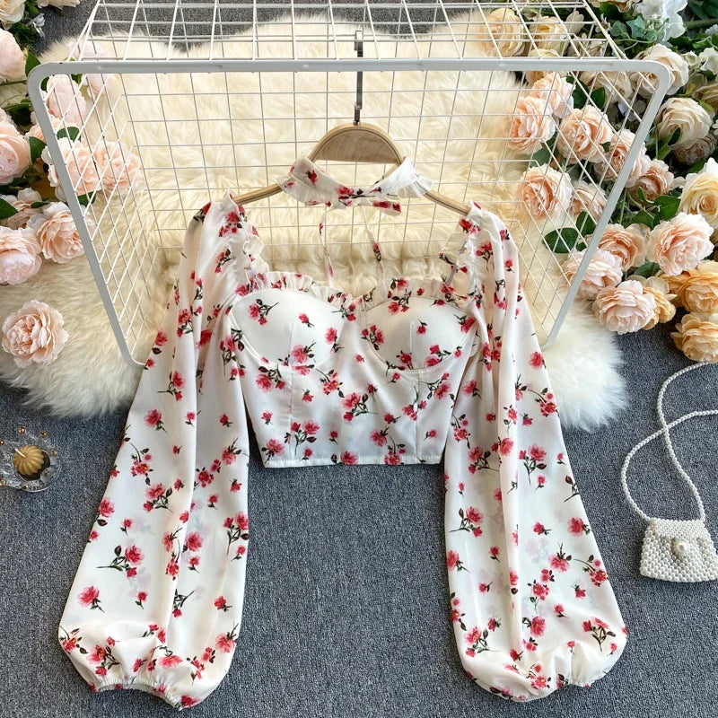 SINGREINY Women Boho Floral Blouse Korean Retro Square-Collar Puff Sleeve Slim Tops Spring Sexy Streetwear Print Short Blouses