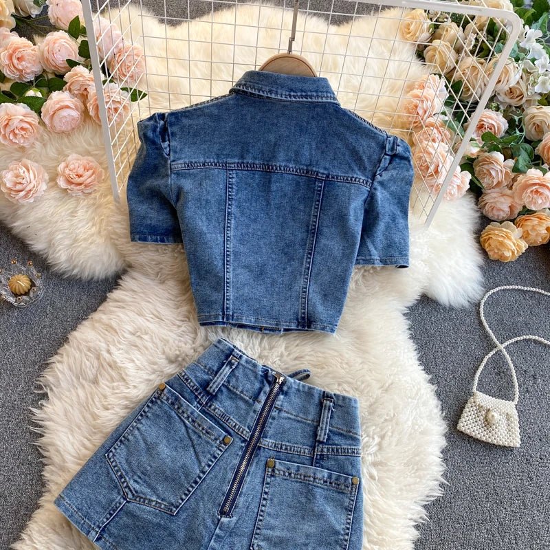 American vintage denim two - piece sets for women feature polo collars, hollow - out tops, and high waistband bandage hot shorts. - MODE SEPHRA