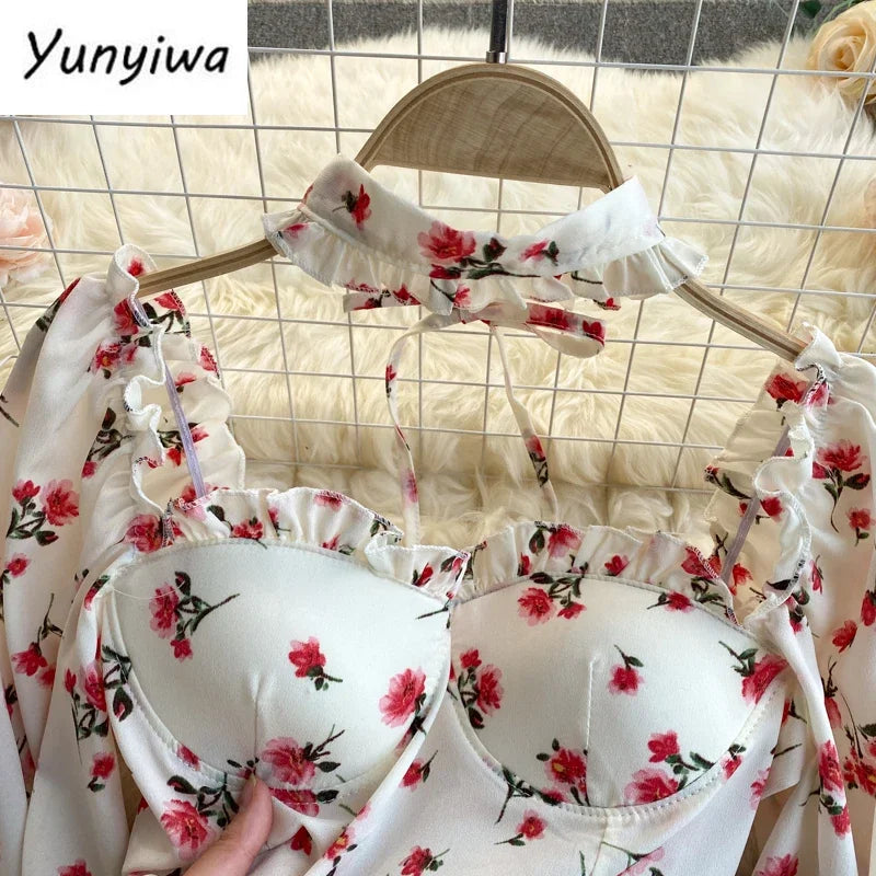 SINGREINY Women Boho Floral Blouse Korean Retro Square-Collar Puff Sleeve Slim Tops Spring Sexy Streetwear Print Short Blouses