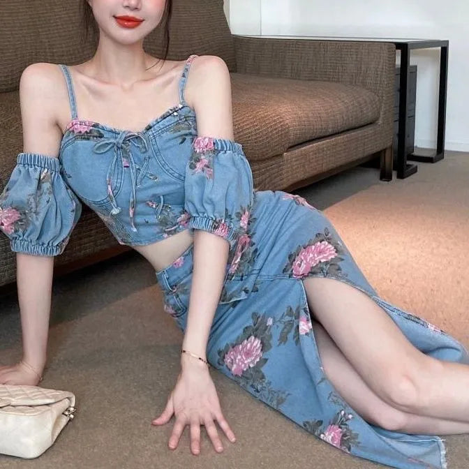 Women 2 Piece Set Denim Fashion Female Hot Girl Chic Sexy Sling Top High Waist Irregular Split Skirt Summer Lady Suit