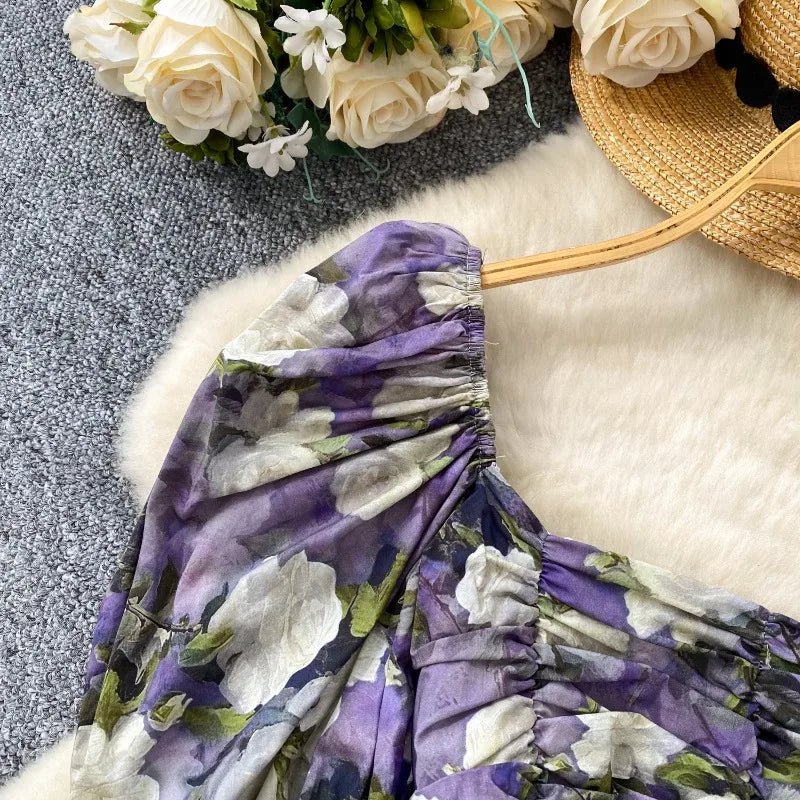 Blouses Fashion French Style Square Neck Bubble Sleeve Shirt Women Summer 2025 Pleated Waist Slim Fit Floral Top