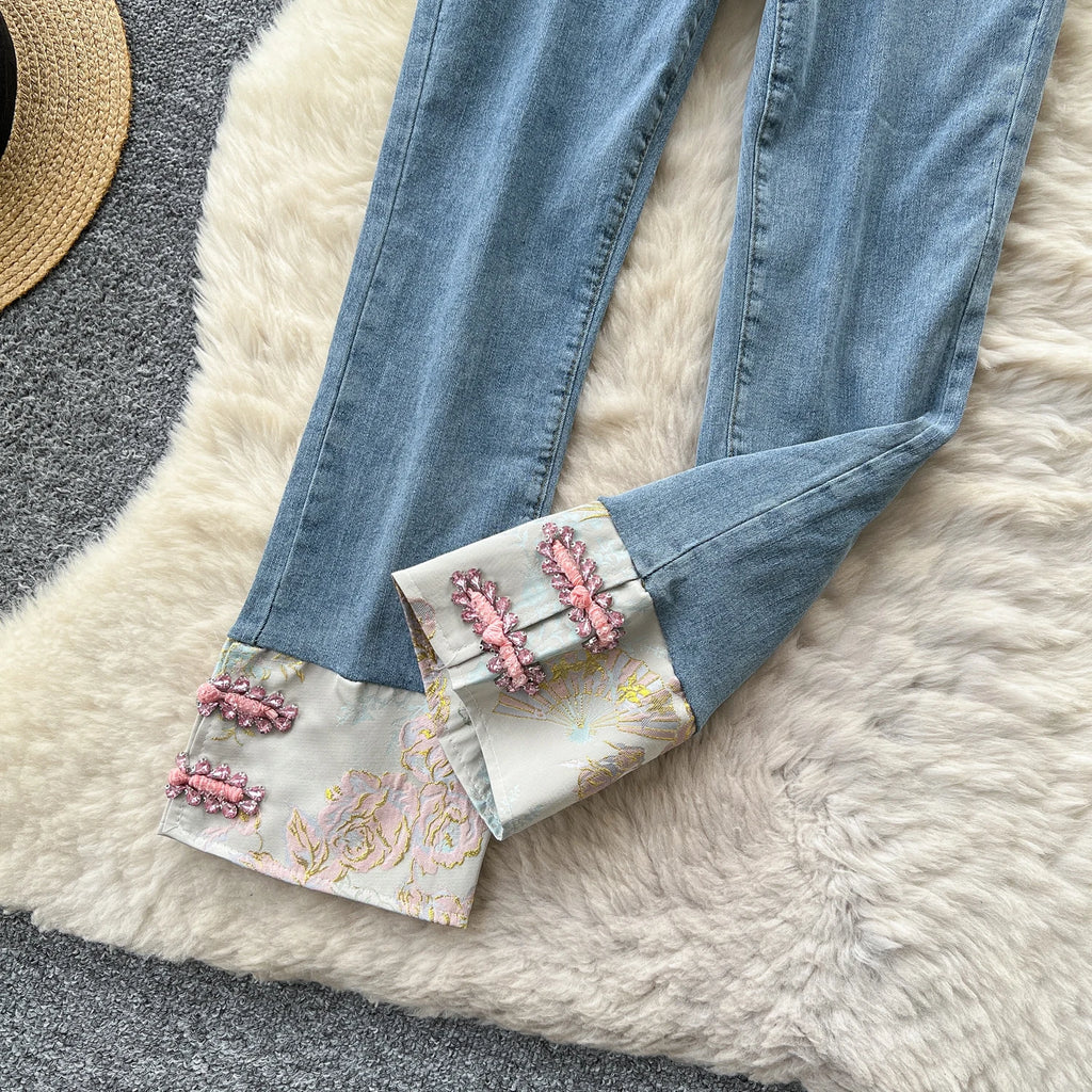 Vintage Hotsweet Denim Pants for women feature a high waist, zipper, diamonds splice, and jacquard design. - MODE SEPHRA