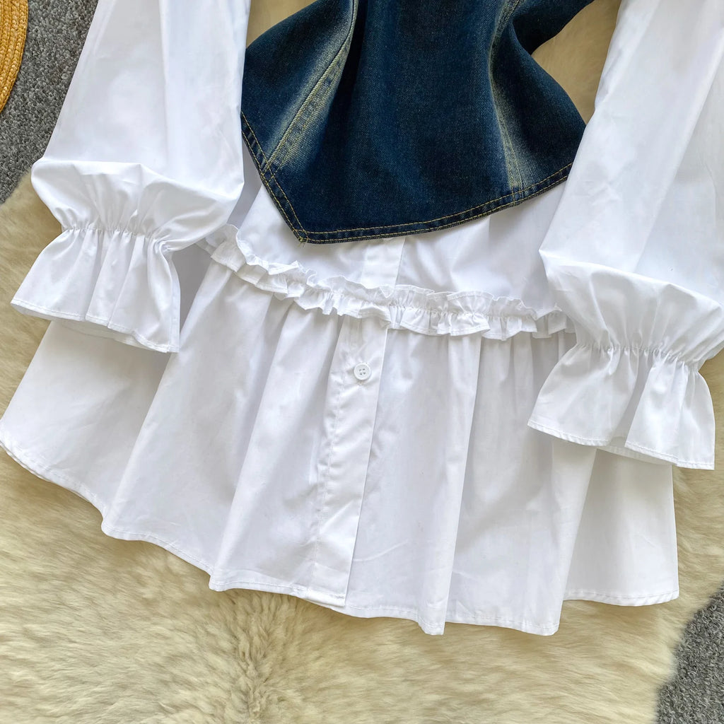 Spring Autumn Commute Sle Women's Faion Slimming Two-Piece Set High Waist Denim Belted Top Bot Ensemble Office Ready