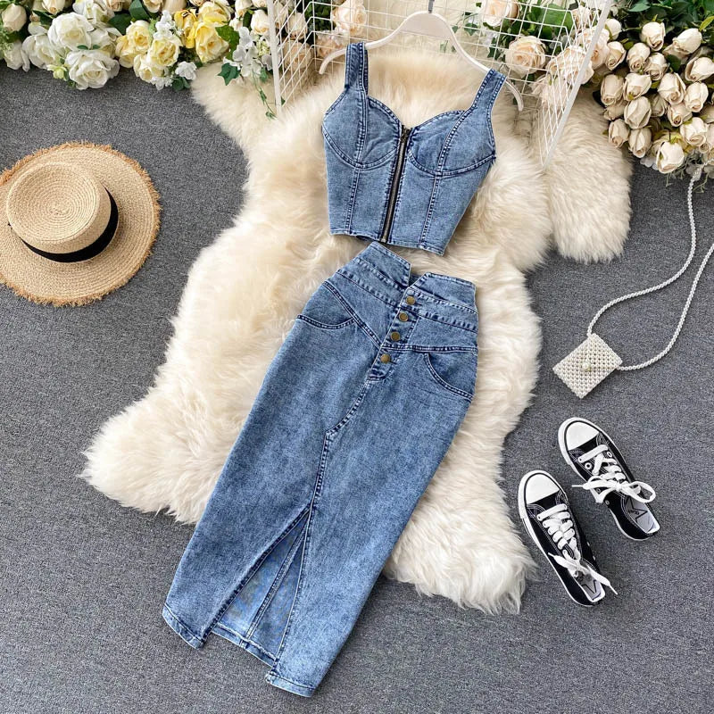 Skirt Sets Women Denim Skirts Two Piece Set Tanks Sleeve Less Slim Fit Vests High Waist Jeans Button Streetwear Summer