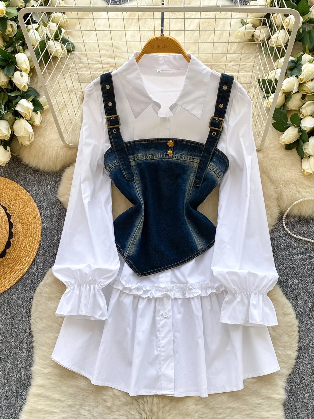 Spring Autumn Commute Sle Women's Faion Slimming Two-Piece Set High Waist Denim Belted Top Bot Ensemble Office Ready