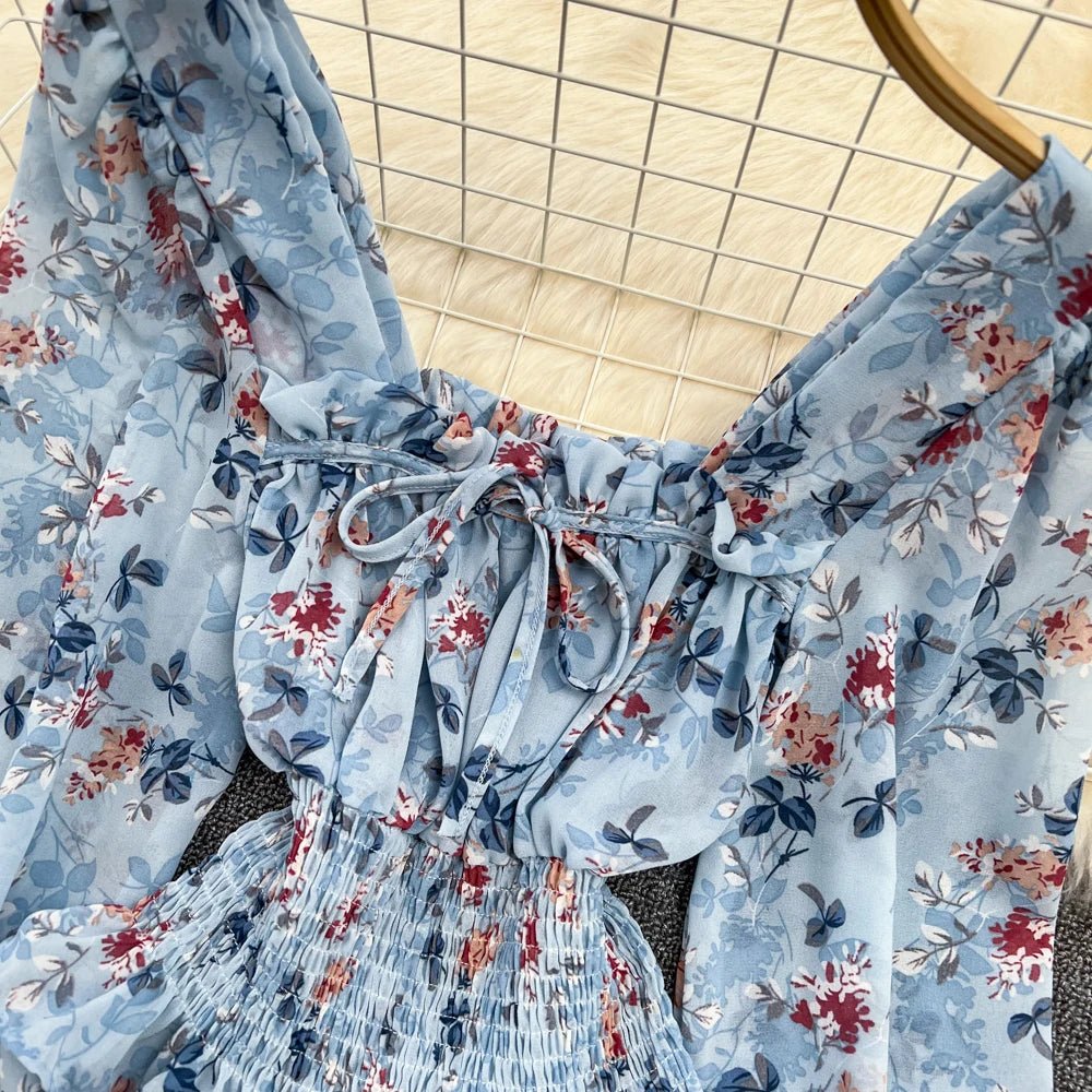 Women Spring Korean Version of The Retro Square Neck Puff Sleeve Lotus Leaf Floral Chiffon Short Blouse Tops Female D0749