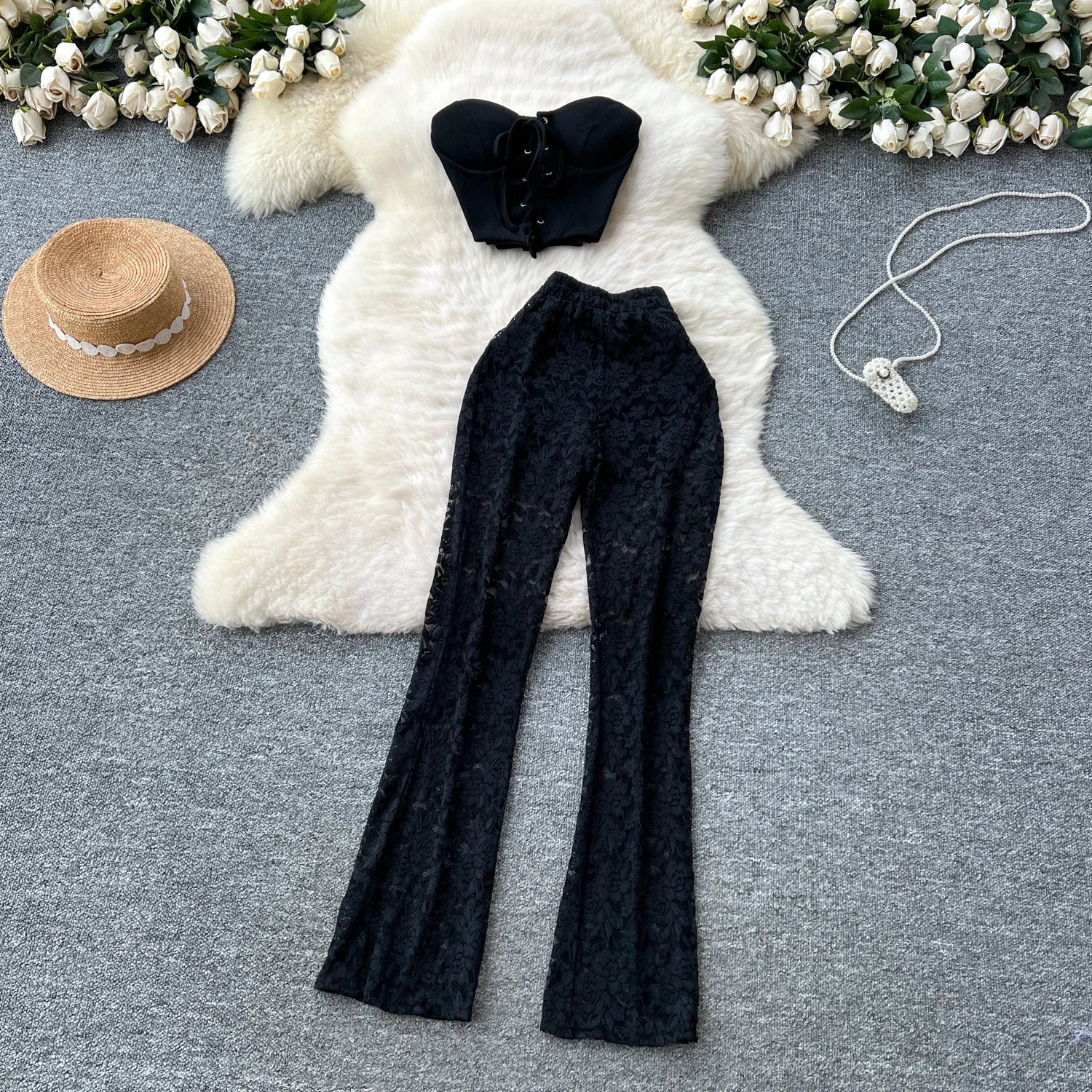 Women's Slim Fit Lace Casual Pants Tie Design Svel Crop Top High Waist Butt Covering Summer Faion Set Two Pieces