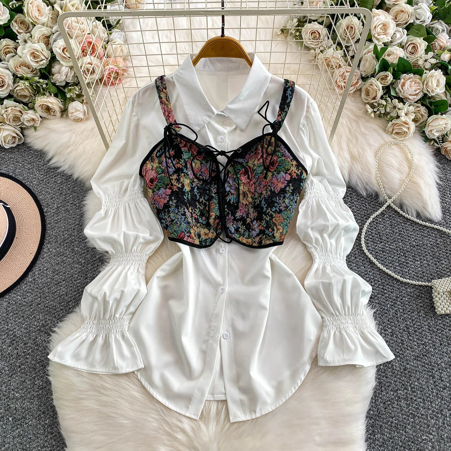 Retro Sle Slimming Lace irt with Belt And Lantern Sves Women's Casual Long Sve irt Floral Embroidery Patchwork