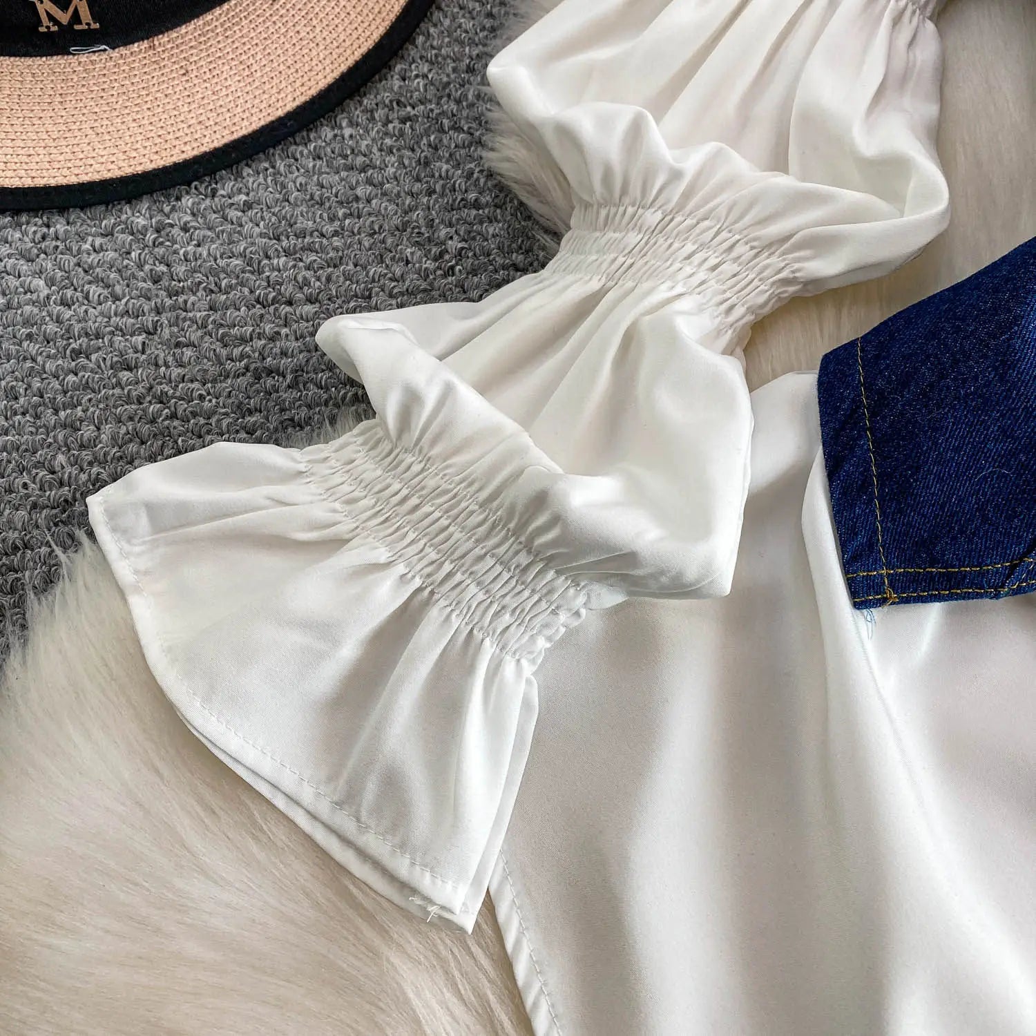 SuperAen Korean Style Office Lady Loose Lantern Sleeve Shirt Single-breasted V-neck Vest Denim Jacket Two-piece Sets