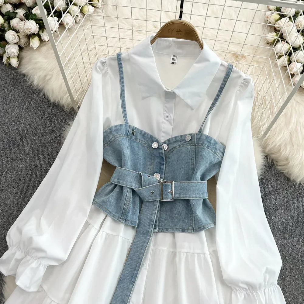 Two-piece Set White Shirt + Denim Vest Autumn 2024 Retro Long Sleeved Single Breasted Shirt Dress