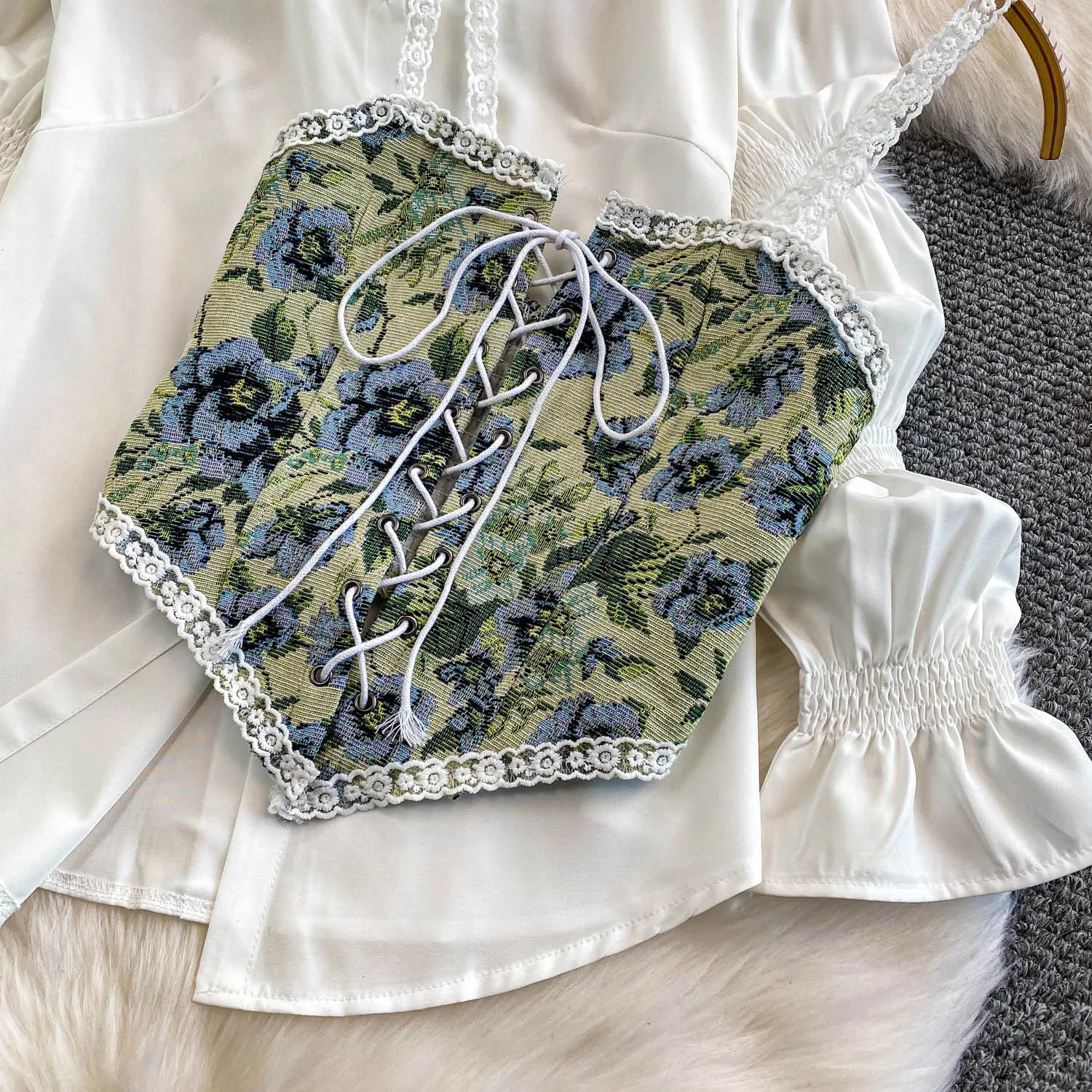 Retro Lace Patchwork Bell Sve irt Set Sweet Sle Slimming Waist Design Strap Top Versatile Long Sve Printed Casual Wear