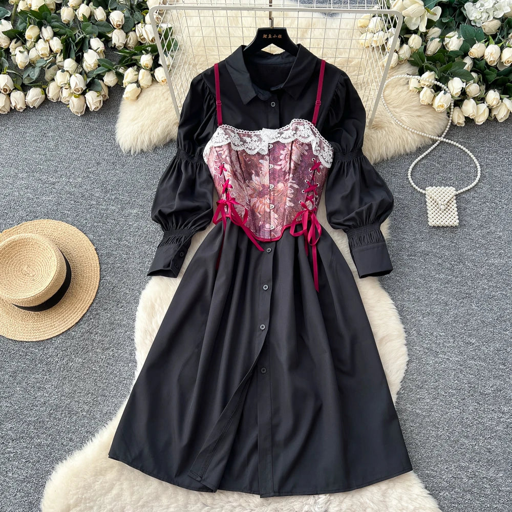 Retro Bubble Sve irt Dr Women's Spring White Collar Waist Cinched A-Line Skirt Two-Piece Set High Waist Polyester Fiber